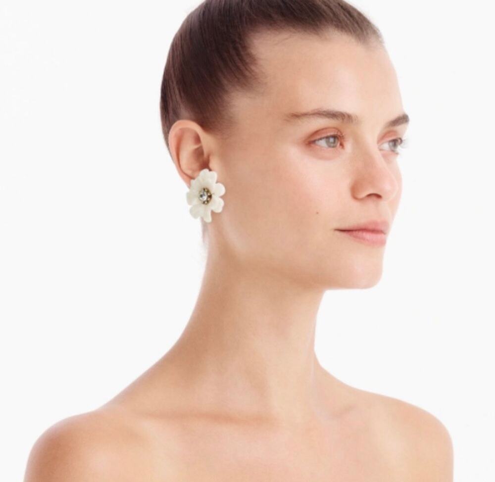 J.Crew Full Bloom Flower Earrings Oversized White Resin Statement Studs Pave NWT